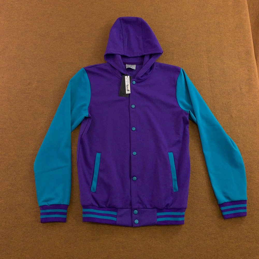 Riflessi Mens Medium Purple Turquoise Snap Front Hooded Varsity Jacket